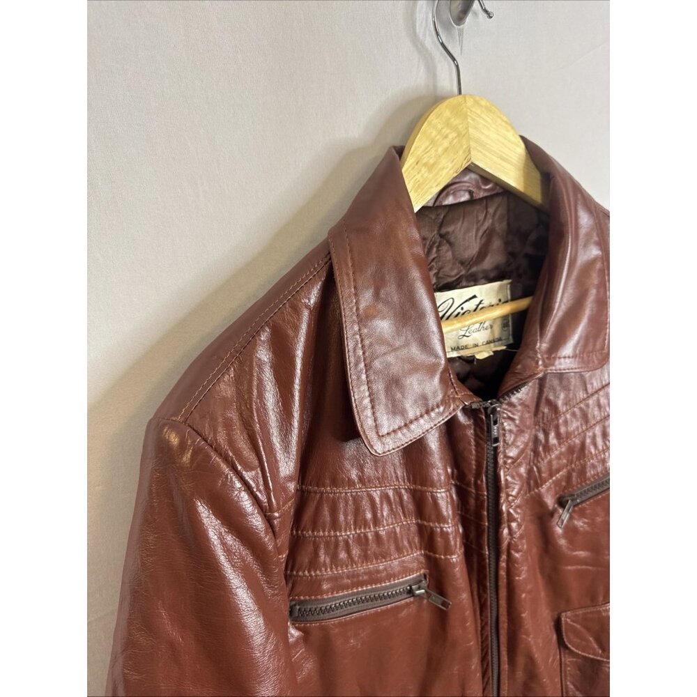 Victoria Leather Vintage Cafe Racer Jacket‎ Men 46 Brown Canada Quilted 70s - Picture 3 of 8